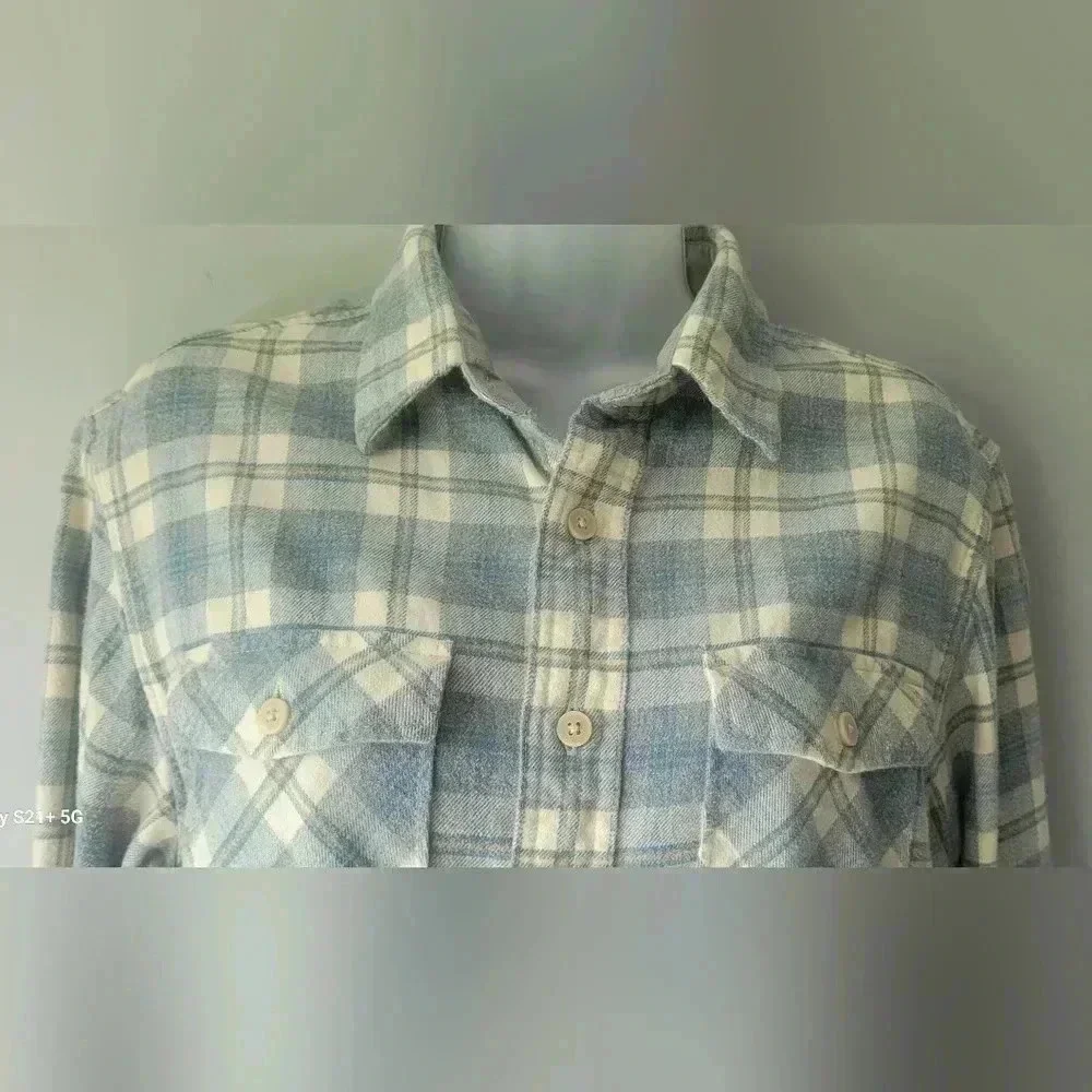 Eddie Bauer cozy pastel yellow & blue flannel shirt size medium - Picture 2 of 9
